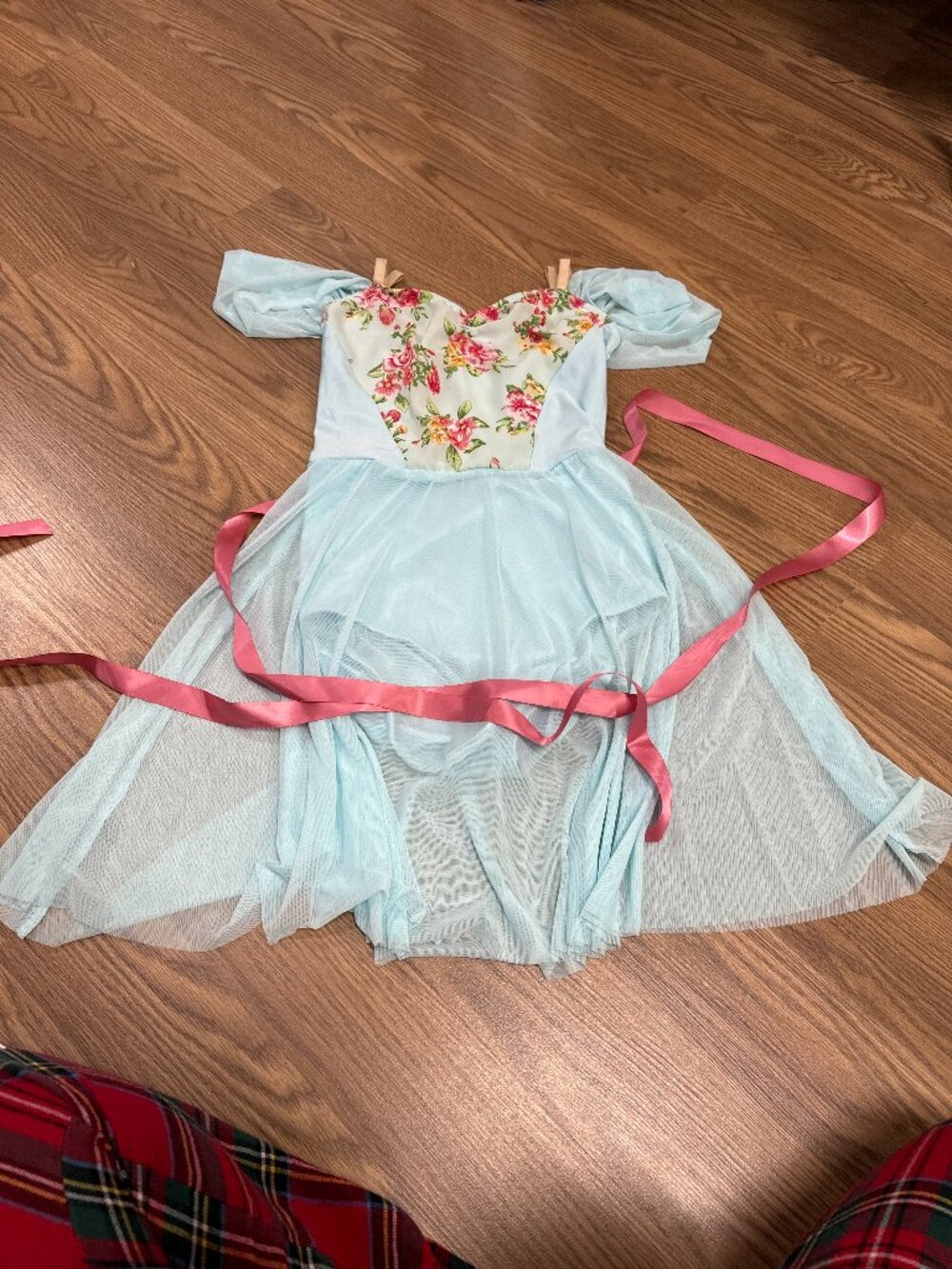 Light Blue Floral Lyrical Dance Costume with Pink Sash-Large Adult